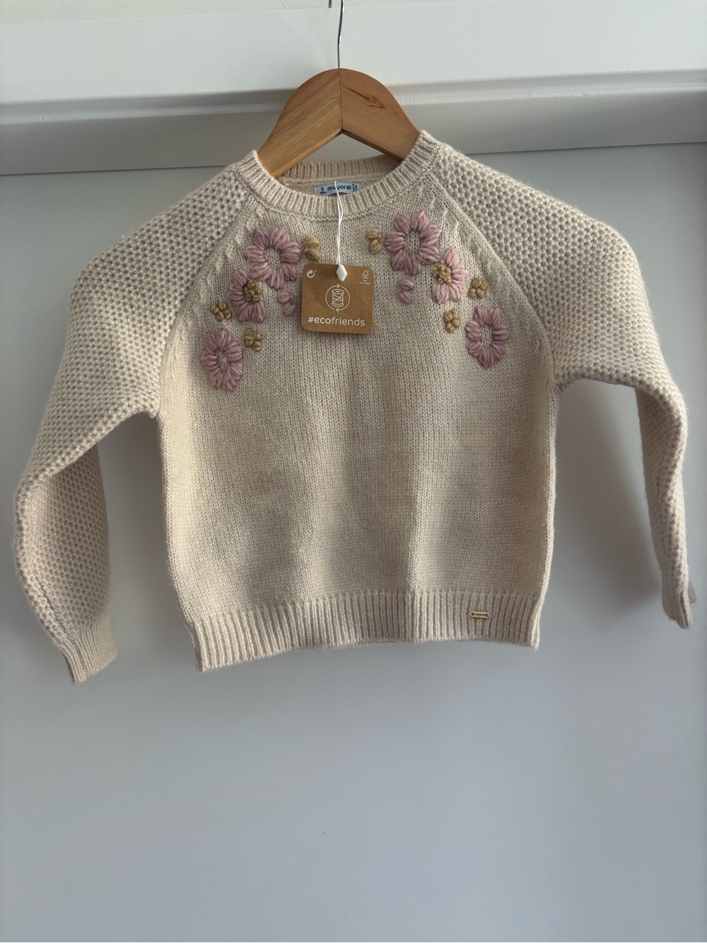 NWT Mayoral Cream Crewneck Sweater with Pink & Gold Floral Embroidery 5T